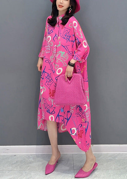 Vogue Red Asymmetrical Graphic Print Button Maxi Shirts Dress Long Sleeve LY4393 - fabuloryshop