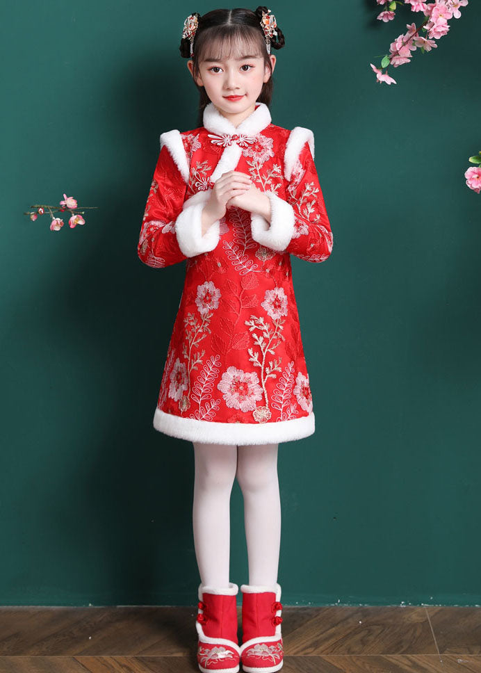 Vogue Red Embroideried Patchwork Button Warm Fleece Kids Mid Dress Long Sleeve Ada Fashion