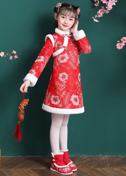 Vogue Red Embroideried Patchwork Button Warm Fleece Kids Mid Dress Long Sleeve Ada Fashion