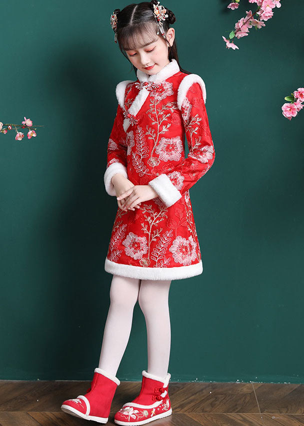 Vogue Red Embroideried Patchwork Button Warm Fleece Kids Mid Dress Long Sleeve Ada Fashion