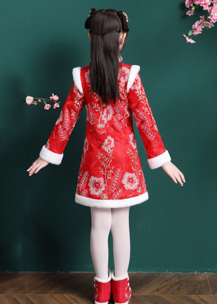 Vogue Red Embroideried Patchwork Button Warm Fleece Kids Mid Dress Long Sleeve Ada Fashion