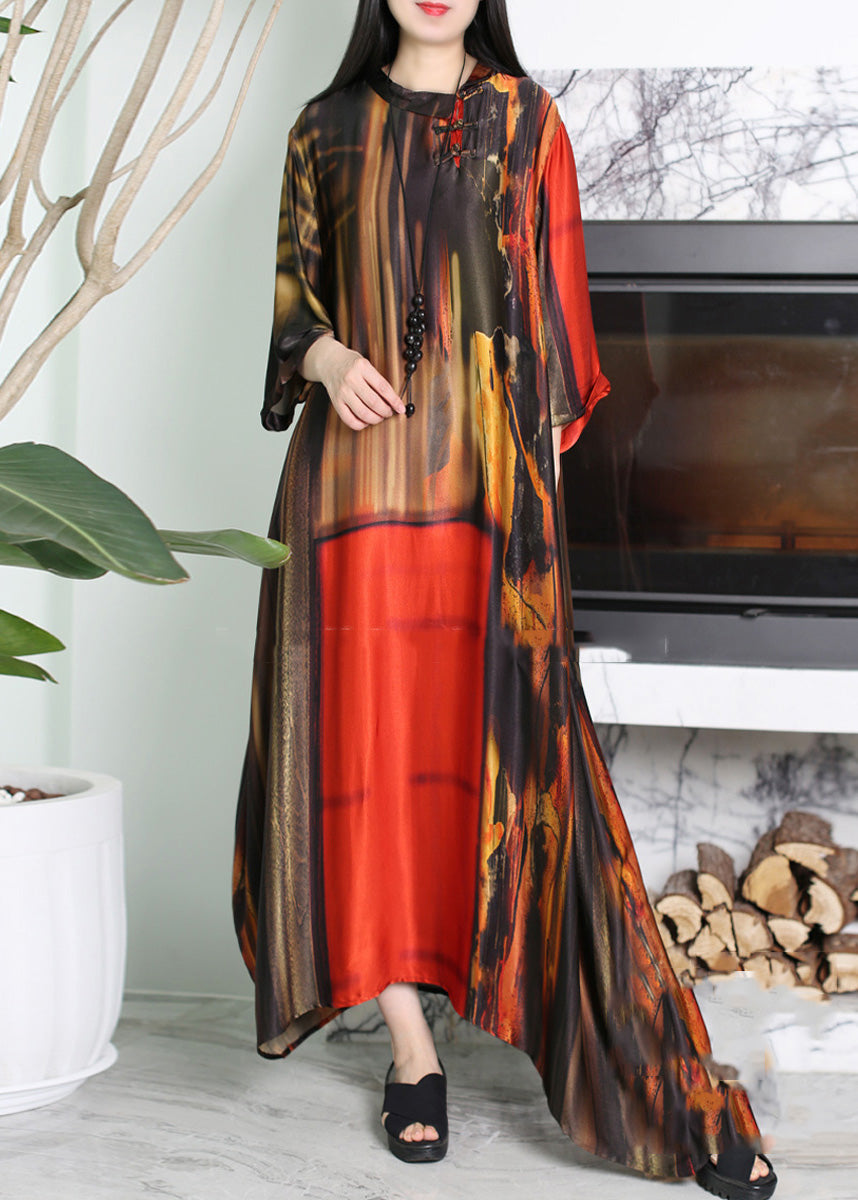 Vogue Red O-Neck Asymmetrical Print Silk Maxi Dress Summer LY5109 - fabuloryshop