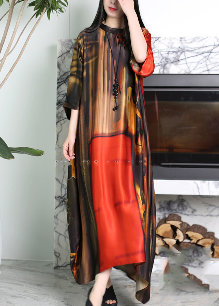 Vogue Red O-Neck Asymmetrical Print Silk Maxi Dress Summer LY5109 - fabuloryshop