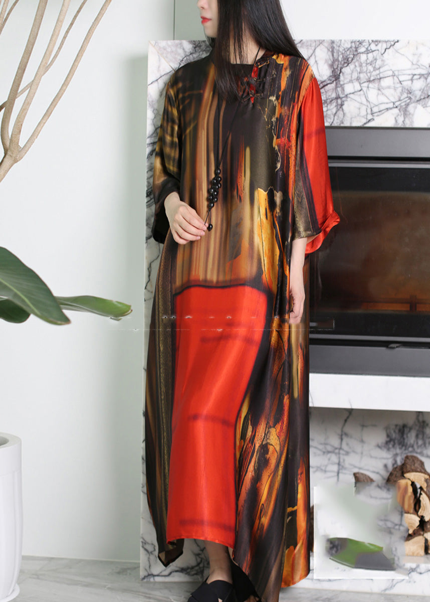 Vogue Red O-Neck Asymmetrical Print Silk Maxi Dress Summer LY5109 - fabuloryshop