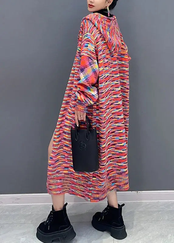 Vogue Red Print Maxi Hooded Knit Cardigans Long Sleeve Ada Fashion