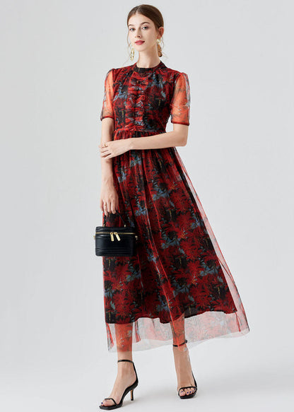 Vogue Red Ruffled Print Patchwork Tulle Long Dress Summer LY7404 - fabuloryshop