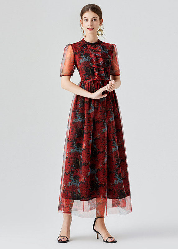 Vogue Red Ruffled Print Patchwork Tulle Long Dress Summer LY7404 - fabuloryshop