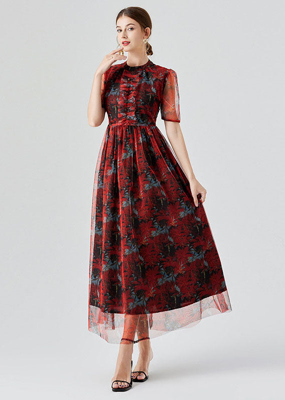 Vogue Red Ruffled Print Patchwork Tulle Long Dress Summer LY7404 - fabuloryshop