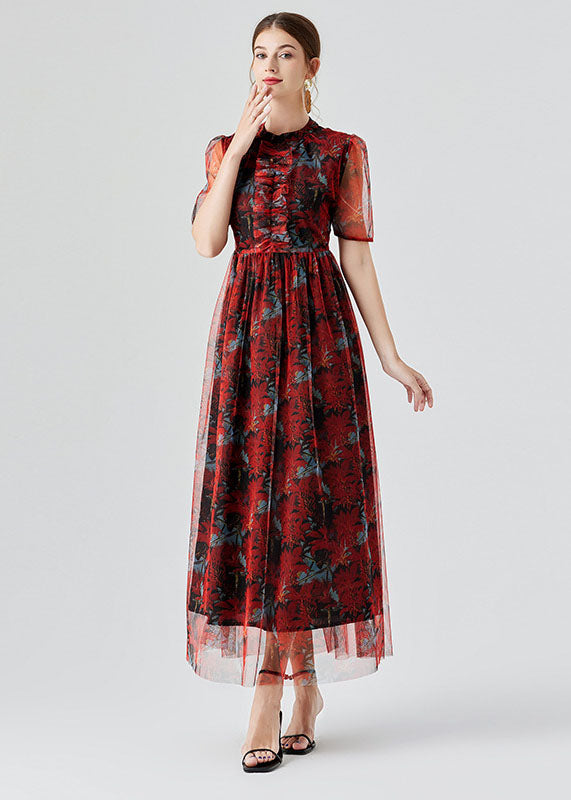 Vogue Red Ruffled Print Patchwork Tulle Long Dress Summer LY7404 - fabuloryshop