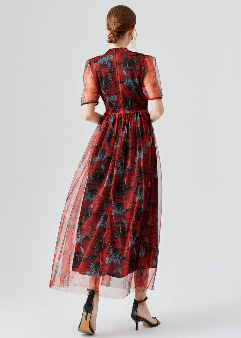 Vogue Red Ruffled Print Patchwork Tulle Long Dress Summer LY7404 - fabuloryshop