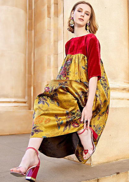 Vogue Red Square Collar Wrinkled Patchwork Silk Velour Maxi Dress Fall Ada Fashion