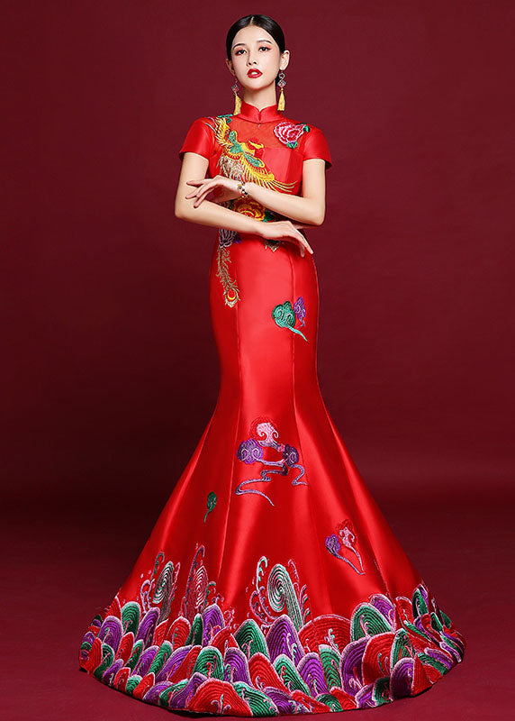 Vogue Red Stand Collar Embroideried Silk Mopping Fishtail Long Dress Short Sleeve Ada Fashion