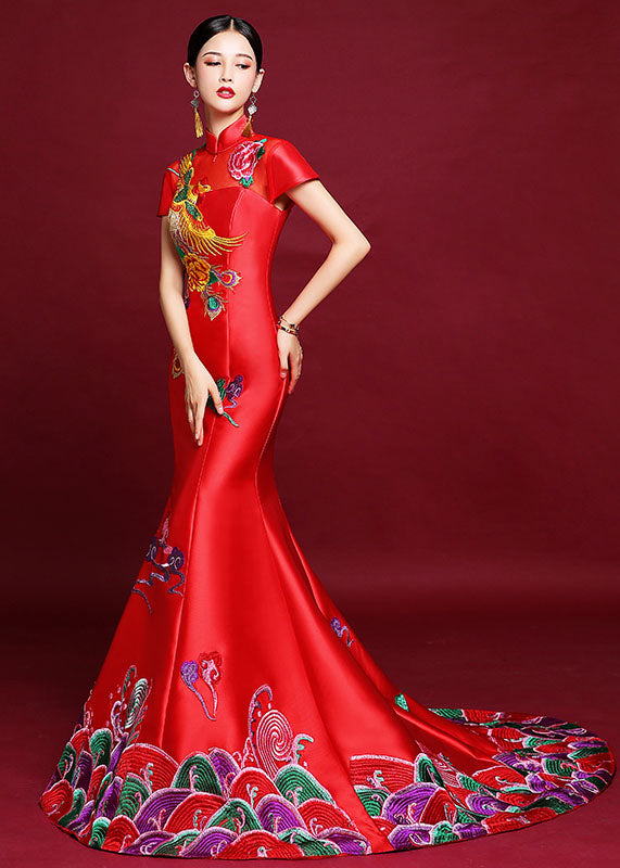 Vogue Red Stand Collar Embroideried Silk Mopping Fishtail Long Dress Short Sleeve Ada Fashion