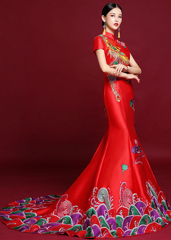 Vogue Red Stand Collar Embroideried Silk Mopping Fishtail Long Dress Short Sleeve Ada Fashion