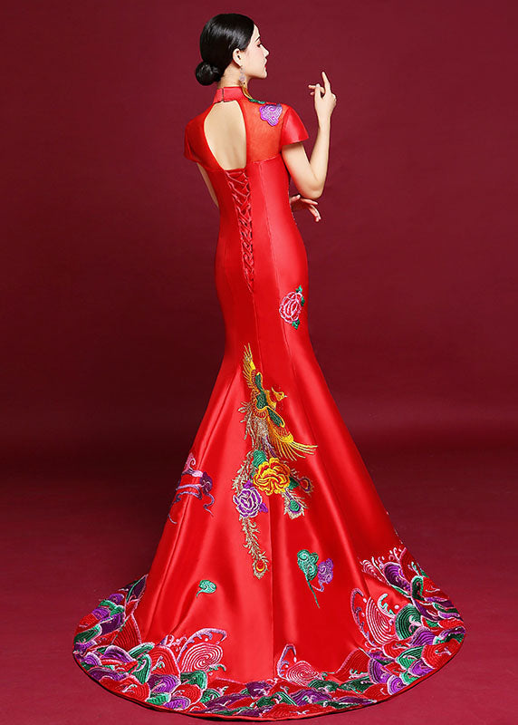 Vogue Red Stand Collar Embroideried Silk Mopping Fishtail Long Dress Short Sleeve Ada Fashion