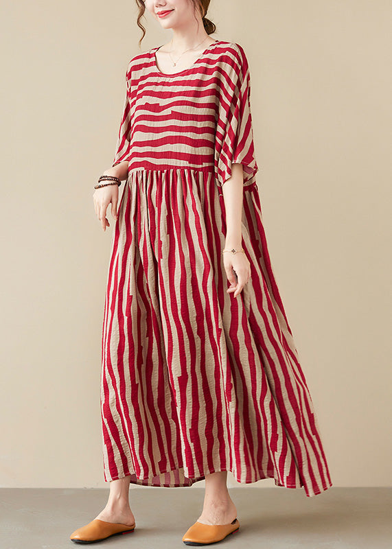 Vogue Red Striped O-Neck Long Dresses Short Sleeve Ada Fashion