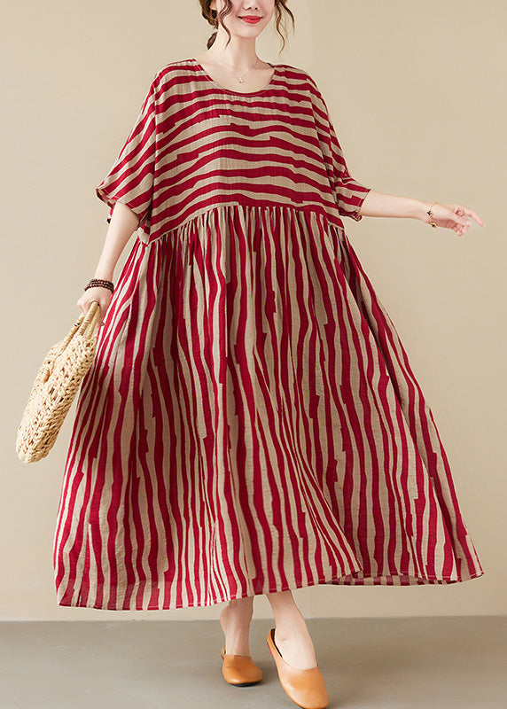 Vogue Red Striped O-Neck Long Dresses Short Sleeve Ada Fashion