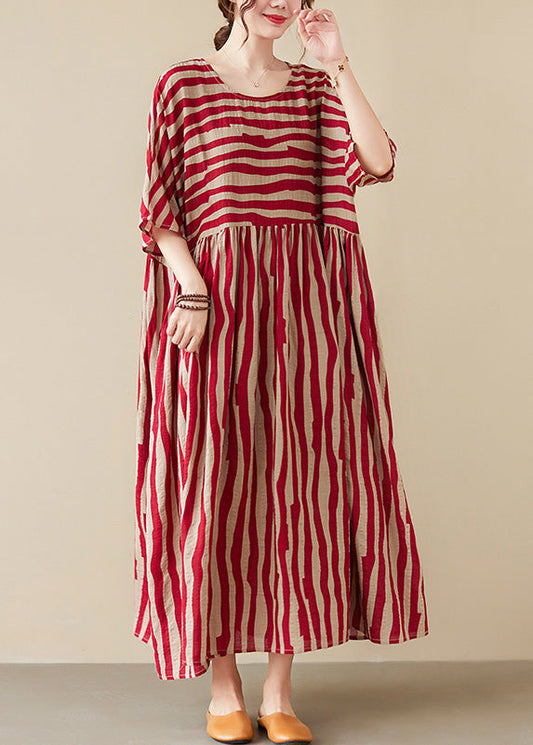 Vogue Red Striped O-Neck Long Dresses Short Sleeve Ada Fashion