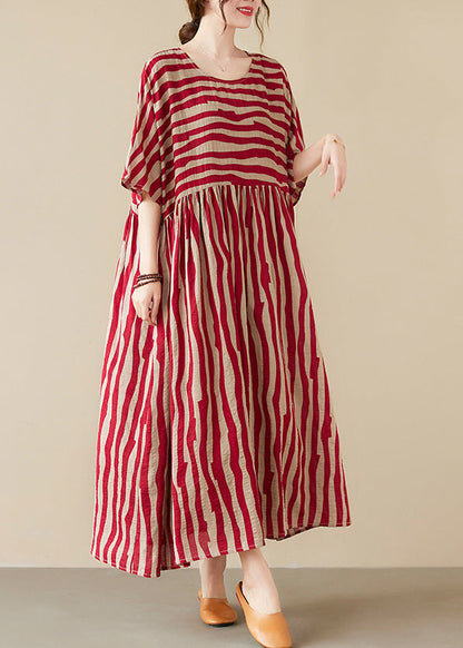 Vogue Red Striped O-Neck Long Dresses Short Sleeve Ada Fashion