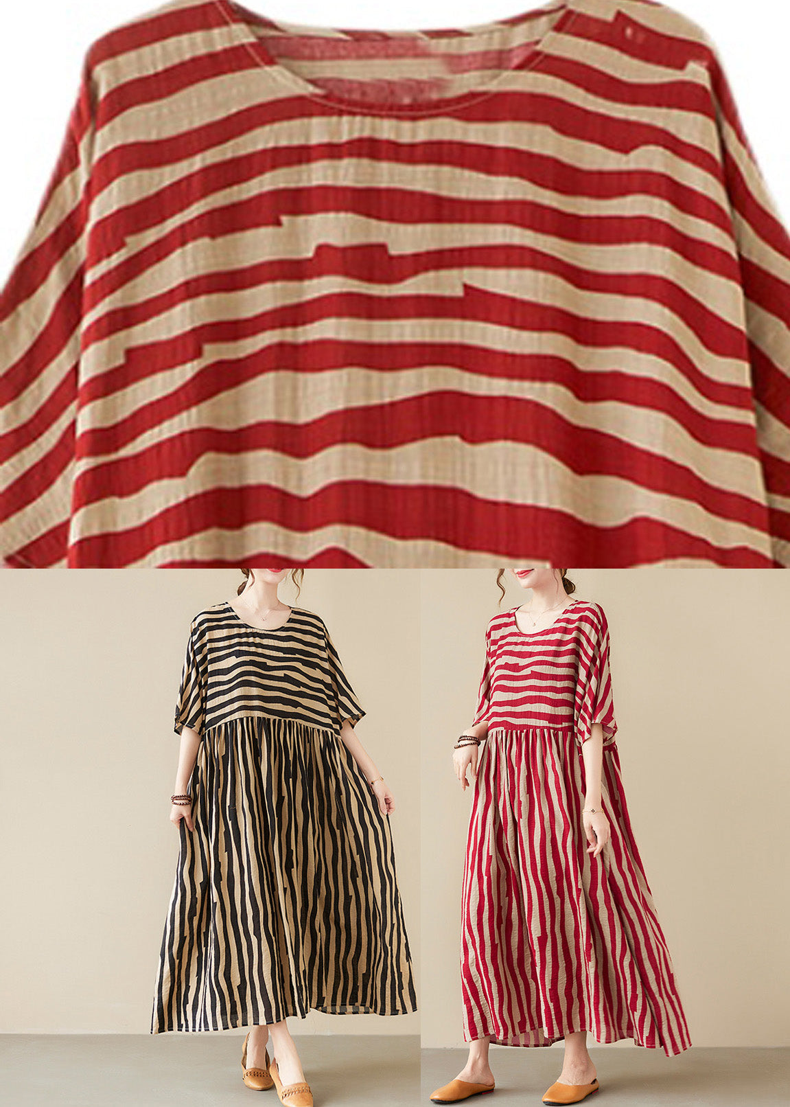 Vogue Red Striped O-Neck Long Dresses Short Sleeve Ada Fashion