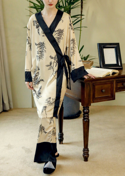 Vogue V Neck Print Patchwork Tie Waist Ice Silk Pajamas Two Piece Set Long Sleeve TO1001 - fabuloryshop