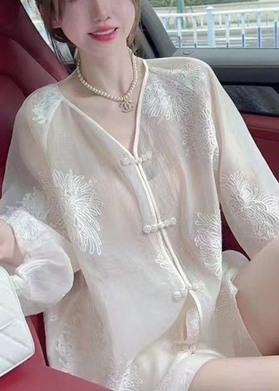 Vogue White Embroideried Button Chiffon UPF 50+ Shirt Fall Ada Fashion