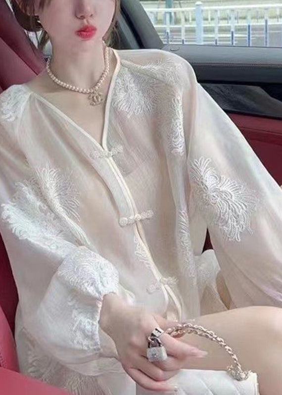 Vogue White Embroideried Button Chiffon UPF 50+ Shirt Fall Ada Fashion