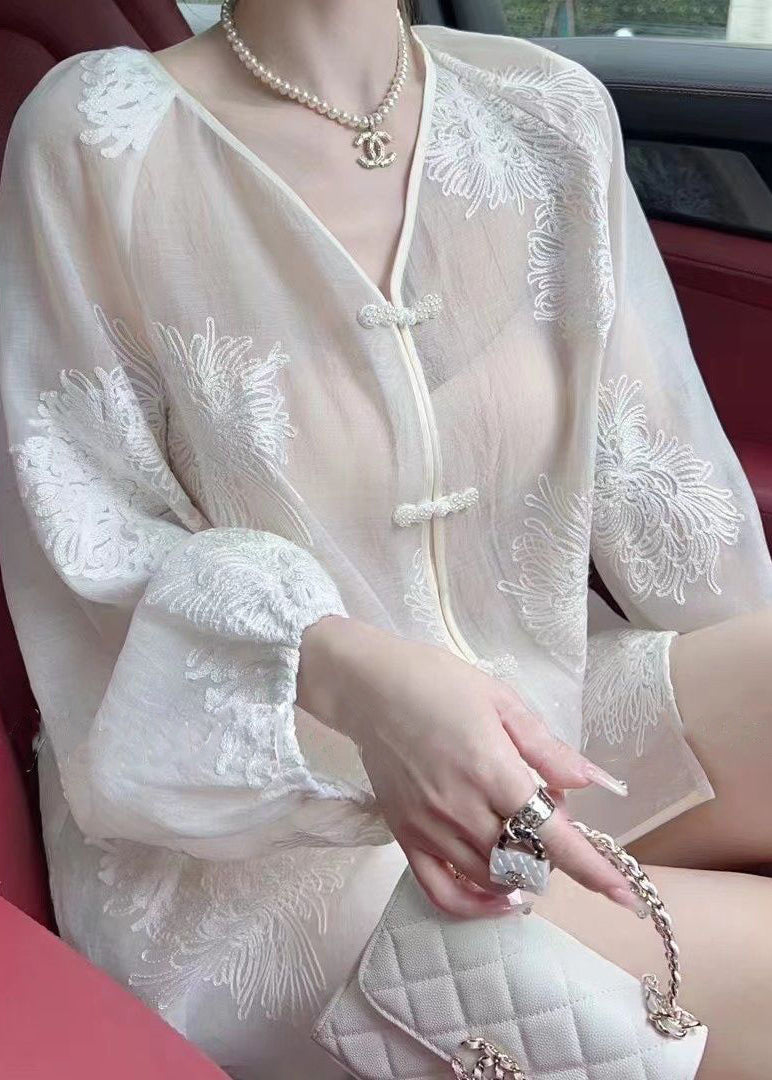 Vogue White Embroideried Button Chiffon UPF 50+ Shirt Fall Ada Fashion