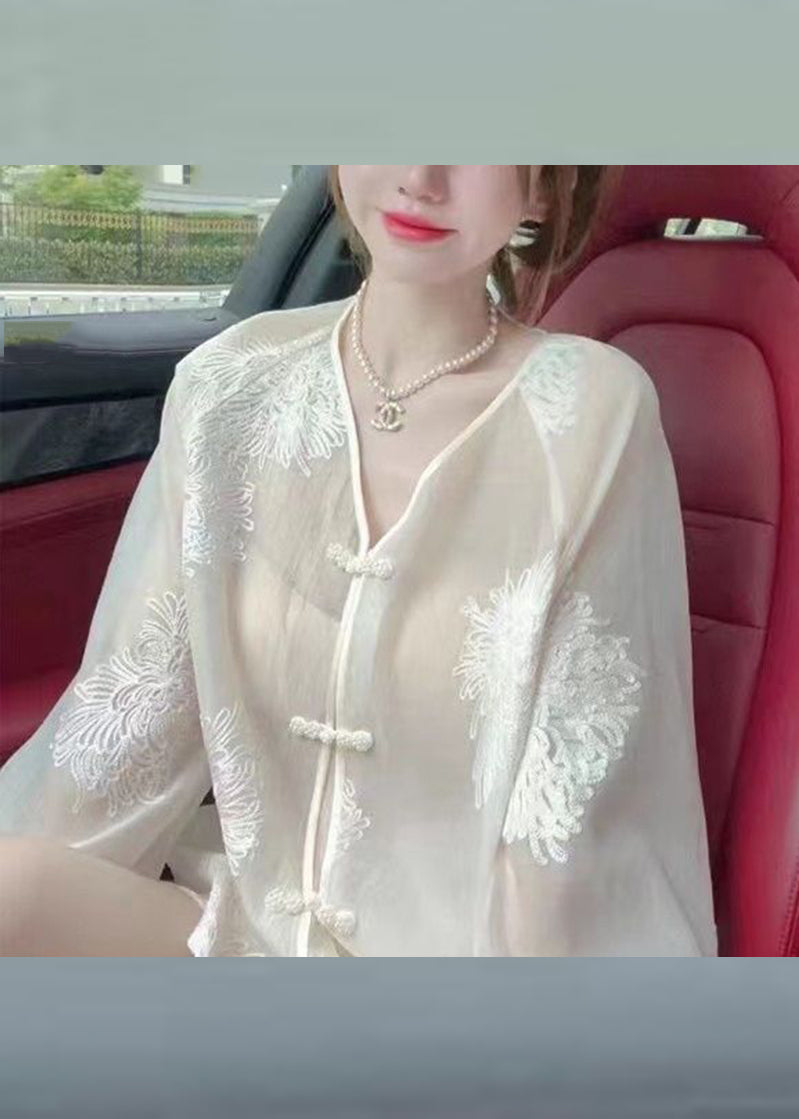 Vogue White Embroideried Button Chiffon UPF 50+ Shirt Fall Ada Fashion