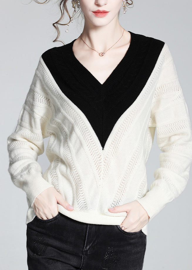 Vogue White V Neck Thick Patchwork Woolen Sweaters Spring LY0945 - fabuloryshop