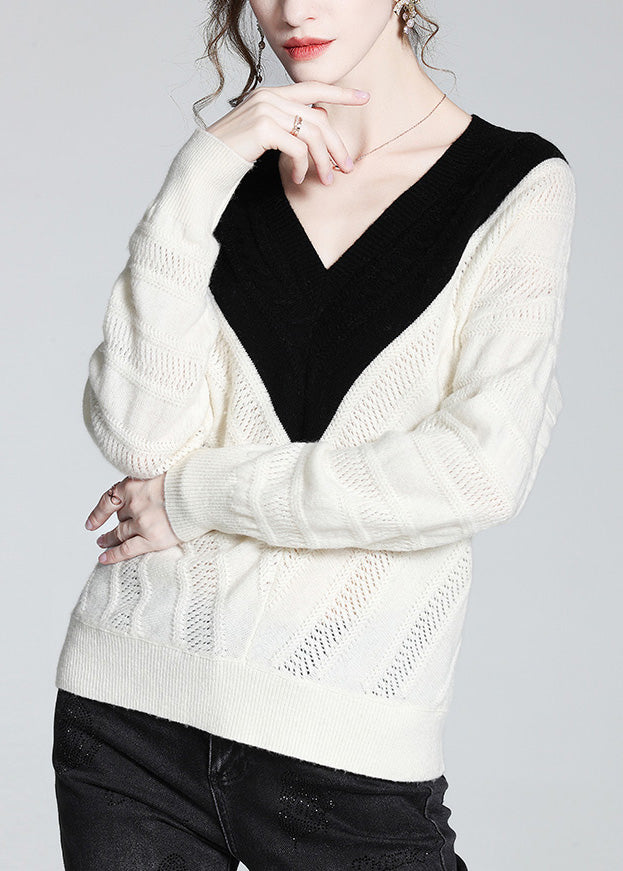 Vogue White V Neck Thick Patchwork Woolen Sweaters Spring LY0945 - fabuloryshop