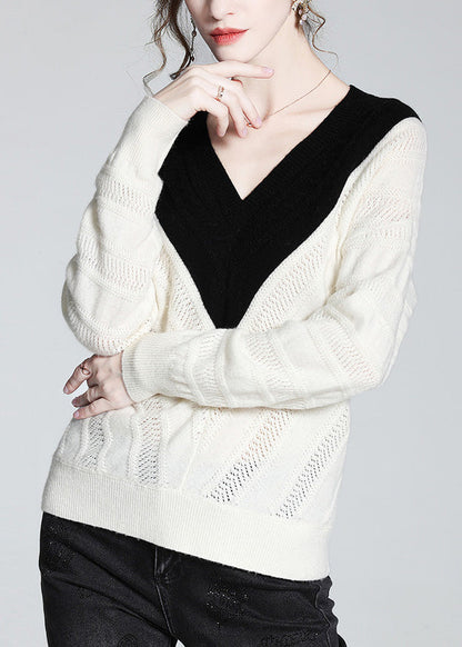 Vogue White V Neck Thick Patchwork Woolen Sweaters Spring LY0945 - fabuloryshop