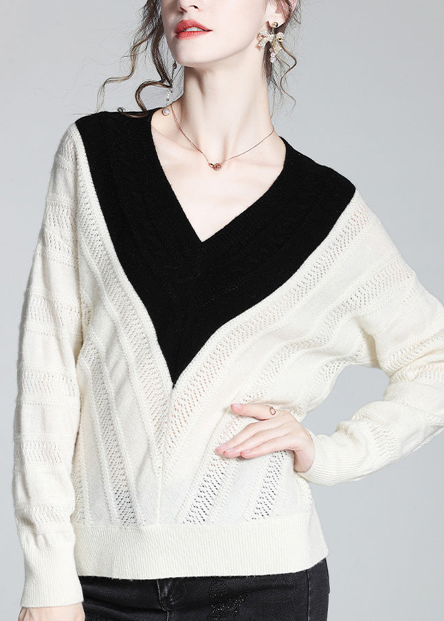 Vogue White V Neck Thick Patchwork Woolen Sweaters Spring LY0945 - fabuloryshop