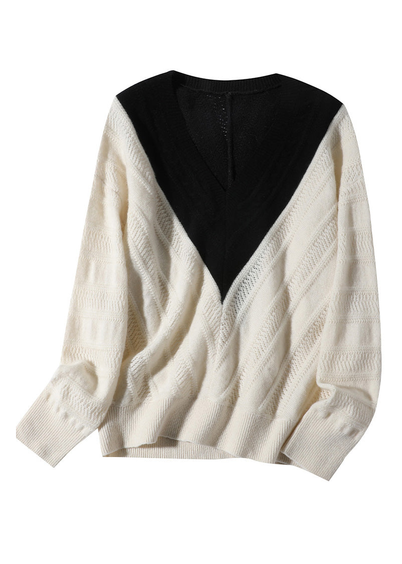 Vogue White V Neck Thick Patchwork Woolen Sweaters Spring LY0945 - fabuloryshop