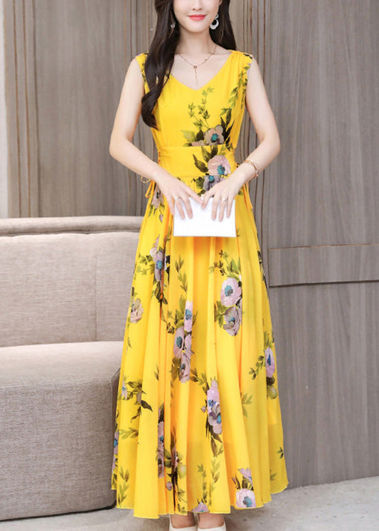 Vogue Yellow V Neck Print Chiffon Long Dresses Summer LY1715 - fabuloryshop