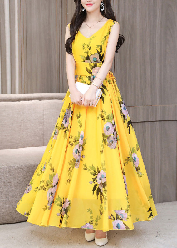 Vogue Yellow V Neck Print Chiffon Long Dresses Summer LY1715 - fabuloryshop