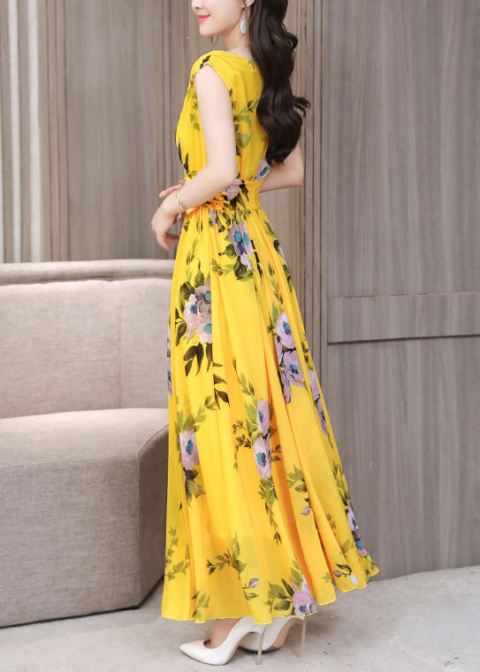 Vogue Yellow V Neck Print Chiffon Long Dresses Summer LY1715 - fabuloryshop