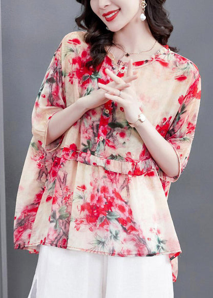 Watermelon Red O-Neck Button Chiffon Shirt Short Sleeve TI1024 - fabuloryshop