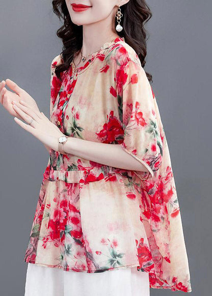 Watermelon Red O-Neck Button Chiffon Shirt Short Sleeve TI1024 - fabuloryshop