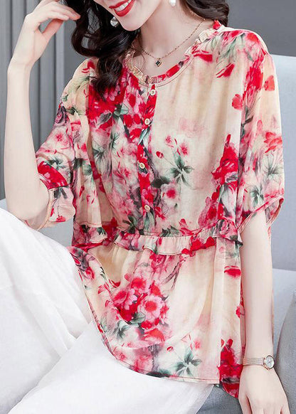 Watermelon Red O-Neck Button Chiffon Shirt Short Sleeve TI1024 - fabuloryshop