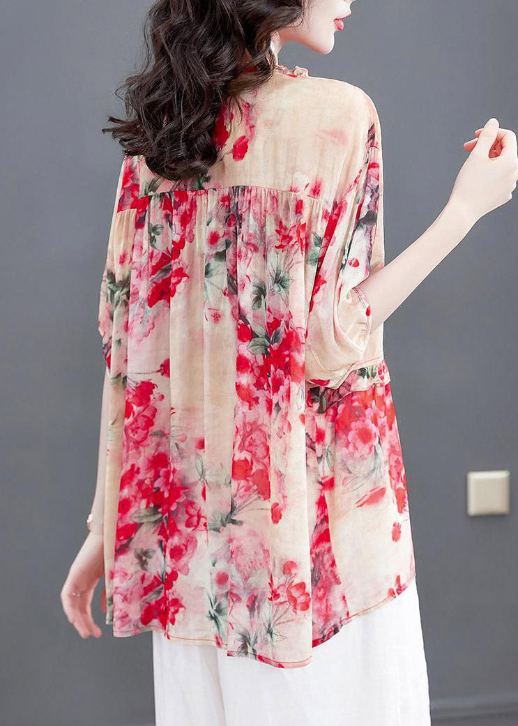 Watermelon Red O-Neck Button Chiffon Shirt Short Sleeve LY4435 - fabuloryshop