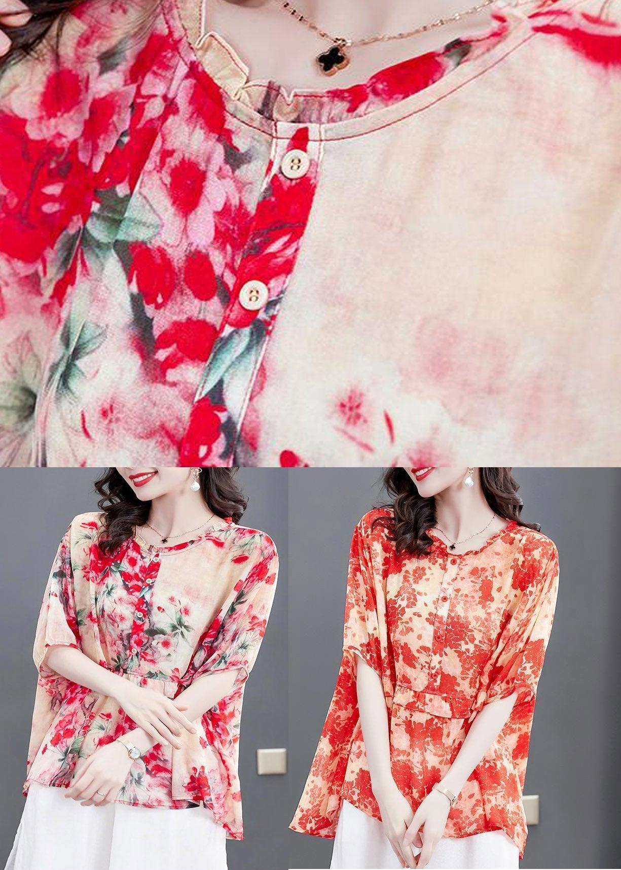 Watermelon Red O-Neck Button Chiffon Shirt Short Sleeve LY4435 - fabuloryshop