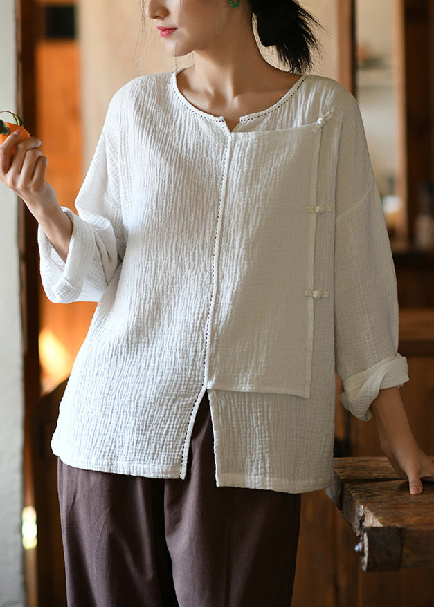 White Button Patchwork Cotton Top O Neck Long Sleeve Ada Fashion