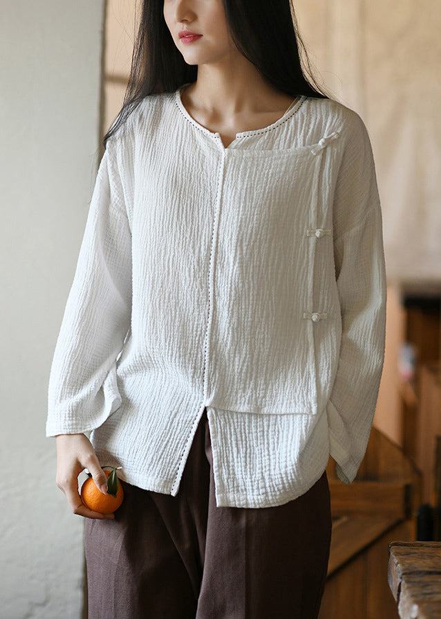 White Button Patchwork Cotton Top O Neck Long Sleeve Ada Fashion