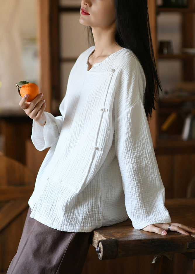 White Button Patchwork Cotton Top O Neck Long Sleeve Ada Fashion