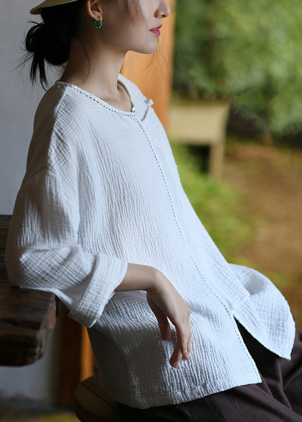 White Button Patchwork Cotton Top O Neck Long Sleeve Ada Fashion