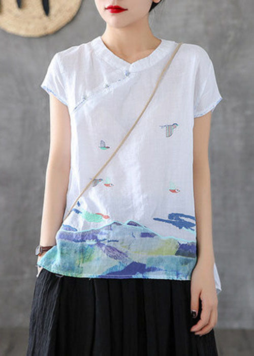 White Chinese Style Cotton Tank Embroideried Stand Collar Short Sleeve TG1055 - fabuloryshop