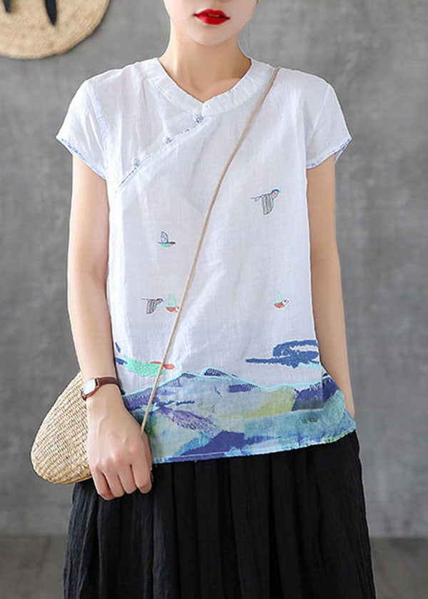 White Chinese Style Cotton Tank Embroideried Stand Collar Short Sleeve TG1055 - fabuloryshop