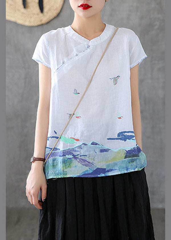 White Chinese Style Cotton Tank Embroideried Stand Collar Short Sleeve TG1055 - fabuloryshop