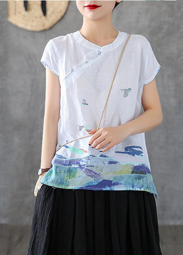 White Chinese Style Cotton Tank Embroideried Stand Collar Short Sleeve TG1055 - fabuloryshop